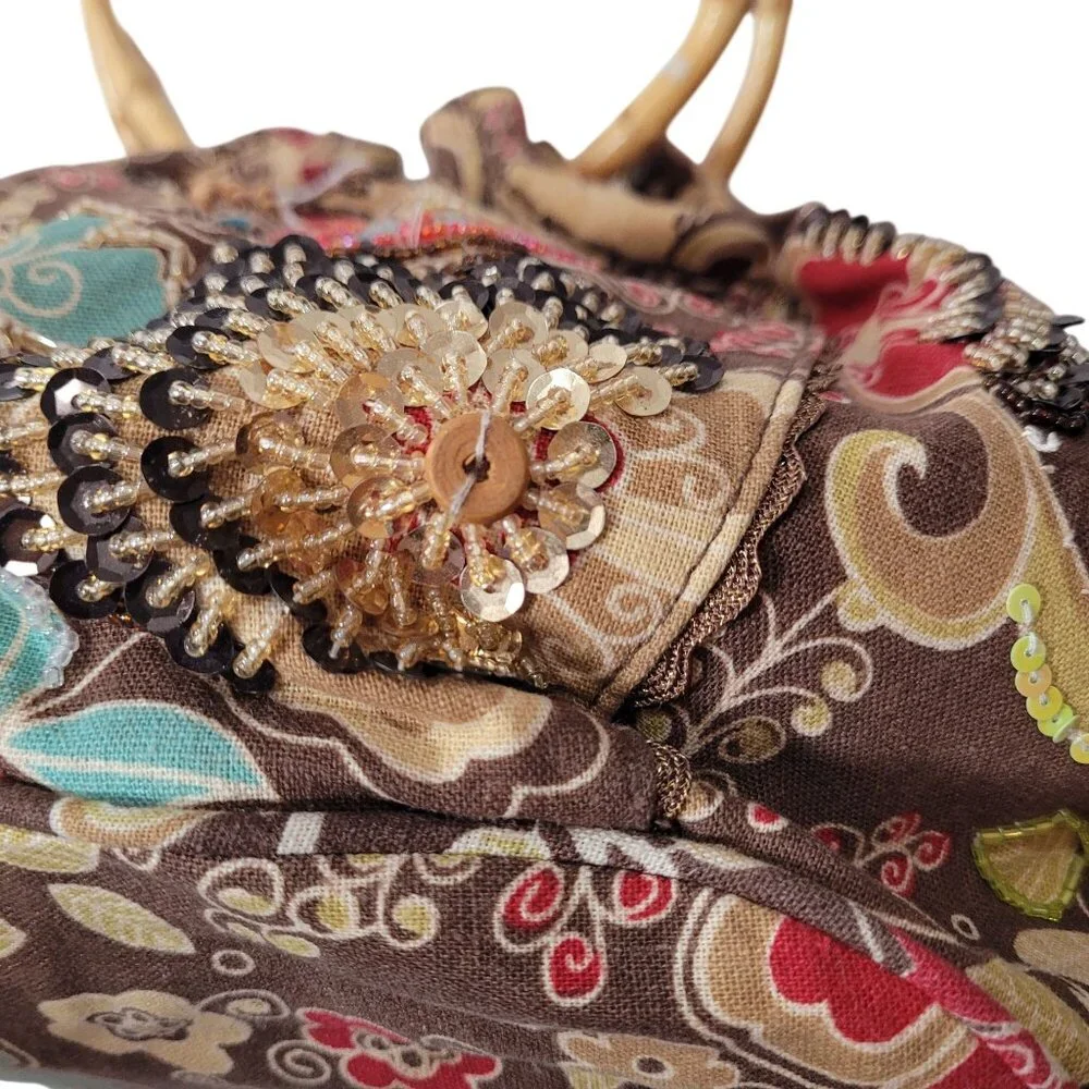 Tianni Floral Embroidered Boho Fabric Handbag With Bamboo Ring Handles